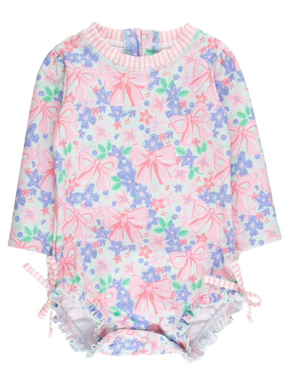RuffleButts Baby Girls Rash Guard Swimsuit 3-6 Months Pink Blue Flower Pattern